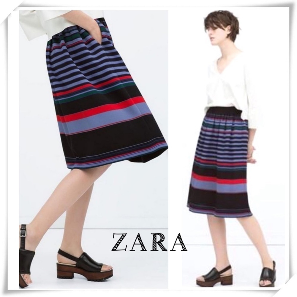 ZARA Stripe Academia Flowy Flare Midi Skirt in Blue Size XS